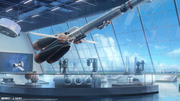 absurdres blue_sky cloud cloudy_sky copyright_name copyright_notice display_case highres indoors logo no_humans official_art official_wallpaper rocket satellite scenery sky window xinyue_tongxing