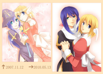 2girls artist_progress back_bow black_dress black_thighhighs blonde_hair blue_eyes blue_hair bow breasts celestial_s closed_mouth commentary_request cowboy_shot dated dress fingernails garter_straps green_eyes hat high_priest_(ragnarok_online) holding_hands interlocked_fingers juliet_sleeves long_hair long_sleeves looking_at_viewer medium_breasts multiple_girls open_mouth priest_(ragnarok_online) puffy_sleeves purple_hat ragnarok_online red_dress sash short_hair smile star_(symbol) thighhighs two-tone_dress white_bow white_dress white_sash white_thighhighs witch_hat