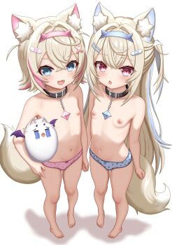 2girls :3 aged_down animal_ear_fluff animal_ears arms_at_sides azunyart bandaid bandaid_hair_ornament barefoot black_collar blonde_hair blue_eyes blue_hairband blush bow bow_panties breasts collar dog_ears dog_tail fang feet flat_chest full_body fuwawa_abyssgard hair_intakes hair_ornament hairband hairclip highres holding_hands hololive hololive_english loli long_hair looking_at_viewer meme mococo_abyssgard multicolored_hair multiple_girls navel nipples open_mouth panties paw_print perroccino_(fuwamoco) pink_hairband pink_panties print_panties red_eyes shadow short_hair siblings side-by-side simple_background sisters small_breasts smile spiked_hairband spikes standing streaked_hair tail toes topless_female two-tone_hair underwear underwear_only uohhhhhhhhh!_(meme) very_long_hair virtual_youtuber white_background white_panties x_hair_ornament
