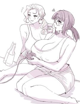 bare_shoulders breasts brown_eyes brown_hair brown_shorts fio_germi glasses holding kasamoto_eri large_breasts long_hair madsensei metal_slug midriff navel open_mouth ponytail round_eyewear shorts sidelocks simple_background sketch smile tank_top white_background white_tank_top yuri