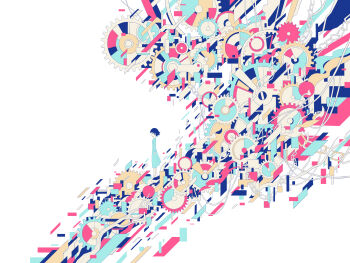 1girl abstract aqua_dress arm_at_side black_hair branch chain dress flat_color from_side gears hebitsukai highres limited_palette long_sleeves original profile short_hair solo wide_shot