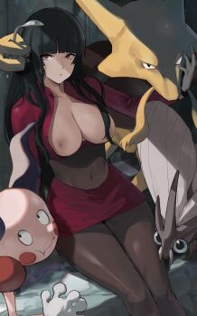 1girl absurdres alakazam black_hair bodysuit breasts breasts_out gen_1_pokemon gym_leader hair_over_breasts hair_over_one_breast highres j@ck large_breasts leotard long_hair mr._mime nintendo nipples pokemon pokemon_(creature) pokemon_frlg red_eyes sabrina_(pokemon) spoon venomoth