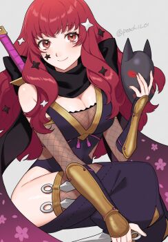1girl black_scarf blush bodystocking breasts cleavage closed_mouth facial_mark fire_emblem fire_emblem_engage fire_emblem_heroes fishnet_bodystocking fishnet_thighhighs fishnets fox_mask gradient_scarf hair_ornament highres holding holding_mask japanese_clothes kunai large_breasts long_hair looking_at_viewer mask ninja nintendo official_alternate_costume purple_scarf red_eyes red_hair scarf shamu_(peach11_01) shuriken_hair_ornament simple_background smile solo star_(symbol) star_facial_mark star_hair_ornament sword thighhighs weapon yunaka_(fire_emblem) yunaka_(stealthy_imitator)_(fire_emblem)