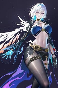 1girl absurdres ahoge artist_name black_gloves black_jacket black_pantyhose black_shorts black_thighhighs blue_bra blue_hair bra breasts commentary cropped_jacket earrings english_commentary feet_out_of_frame galbrena_(wuthering_waves) gloves gold_choker hair_between_eyes hair_intakes highres jacket jewelry large_breasts looking_at_viewer mr_goblin navel pantyhose parted_lips purple_eyes shorts single_leg_pantyhose single_thighhigh solo stomach thigh_strap thighhighs underwear white_hair wuthering_waves
