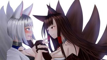 2girls absurdres akagi_(azur_lane) animal_ears azur_lane bare_shoulders blush breasts brown_gloves brown_hair brown_kimono cleavage commentary_request eyeshadow fox_ears fox_girl fox_tail from_side gloves hand_on_own_chest highres holding_hands interlocked_fingers japanese_clothes kaga_(azur_lane) kimono kitsune large_breasts long_hair looking_at_another makeup multiple_girls multiple_tails open_mouth parted_lips red_eyes red_eyeshadow short_hair simple_background tail upper_body white_background white_hair white_kimono white_tail yukio-snowy yuri