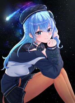 1girl beret black_eyes black_hat black_jacket black_shirt black_skirt blue_hair blush bow breasts closed_mouth commentary_request feet_out_of_frame hair_between_eyes hat highres holding holding_own_hair hololive hoshimachi_suisei hoshimachi_suisei_(casual) jacket long_hair long_sleeves looking_at_viewer official_alternate_costume one_side_up orange_pantyhose p8_kei pantyhose pleated_skirt shirt shooting_star sitting skirt sky sleeves_past_wrists small_breasts smile solo star_(sky) starry_sky virtual_youtuber