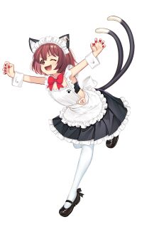 Rule 34 | 1girl, :d, ;d, \o/, alternate costume, animal ear fluff, animal ear piercing, animal ears, apron, arms up, bare legs, bare shoulders, bent over, black skirt, bow, bowtie, brown eyes, brown hair, cat ears, cat tail, chen, claw pose, commentary request, double-parted bangs, earrings, enmaided, fang, full body, hair between eyes, happy, hataraki kuma, highres, jewelry, leaning forward, looking at viewer, maid, maid headdress, mary janes, multiple tails, nail polish, nekomata, one eye closed, open mouth, outstretched arms, pantyhose, petticoat, pleated skirt, red bow, red bowtie, red nails, shoes, single earring, skirt, smile, solo, standing, standing on one leg, tail, touhou, transparent background, two tails, v-shaped eyebrows, white apron, white pantyhose, wrist cuffs