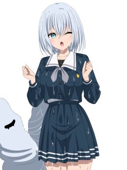 1girl bang_dream! blue_eyes blue_hair blue_shirt blue_skirt breasts cleavage commentary_request highres kurata_mashiro large_breasts medium_hair noshimurin one_eye_closed open_mouth pleated_skirt school_uniform shirt simple_background skirt tsukinomori_school_uniform wet white_background