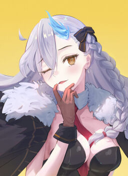 1girl alternate_costume between_breasts black_leotard black_ribbon blush braid breasts brown_eyes brown_gloves cleavage commentary_request detached_collar fate/grand_order fate_(series) fur_trim gloves hair_between_eyes highres jacket kapapapa25 leotard looking_at_viewer medium_breasts necktie necktie_between_breasts olga_marie_animusphere olga_marie_animusphere_(unbeast) one_eye_closed red_necktie ribbon simple_background smile solo strapless strapless_leotard yellow_background