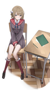 1girl absurdres between_legs black_shoes blue_ribbon blunt_bangs blush brown_hair buttons chair collared_shirt commentary_request desk double-breasted dress_shirt embarrassed from_above full_body green_eyes grey_jacket grey_skirt hair_ornament hair_rings hand_between_legs highres indie_virtual_youtuber jacket kneehighs legwear_garter loafers long_sleeves looking_at_viewer miniskirt neck_ribbon no_headwear notebook on_chair pinstripe_jacket pinstripe_pattern pinstripe_skirt pleated_skirt pom_pom_(clothes) pom_pom_hair_ornament red_sailor_collar red_socks ribbon sailor_collar school_chair school_desk school_uniform shigure_ui_(vtuber) shigure_ui_(vtuber)_(1st_costume) shirt shoes short_hair side_part side_up_ring sitting skirt sleeve_cuffs socks solo v_arms virtual_youtuber watatabeseeds white_shirt winter_uniform wooden_floor