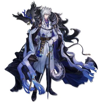 &gt;:) 1boy animal animal_ears arknights bad_tag bird bishounen black_cape blue_theme cape closed_mouth floating_cape formal_clothes full_body fur-trimmed_cape fur_trim gloves grey_eyes helmet highres male_focus official_alternate_costume official_art ryuuzaki_ichi silverash_(arknights) silverash_the_reignfrost_(arknights) simple_background smile snow_leopard_boy snow_leopard_ears snow_leopard_tail solo standing sword tachi-e tail tenzin_(arknights) third-party_source transparent_background v-shaped_eyebrows weapon white_gloves white_hair