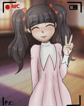 1girl alternate_costume arm_at_side black_hair blush bow cardcaptor_sakura child closed_eyes closed_mouth cowboy_shot daidouji_tomoyo dress eyebrows eyelashes facing_viewer female_focus fingernails hair_bow hand_up highres indoors lips long_fingernails long_hair long_sleeves nose_blush pink_dress principenegro red_bow smile solo standing static twintails two-tone_dress v viewfinder white_dress