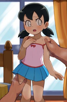 1boy 1girl bed bedroom black_hair blush bow chiwino doraemon embarrassed groping hand_on_another's_shoulder hand_on_another's_thigh highres indoors loli minamoto_shizuka molestation pink_shirt pleated_skirt pov pov_hands shirt skirt solo_focus standing strap_slip sweat twintails