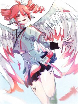 1girl ahoge alt_text belt black_belt buttons double-breasted double-parted_bangs drill_hair ear_wings feathered_wings feathers fingernails grey_jacket grey_skirt hair_between_eyes hair_ribbon highres jacket kasane_teto kasane_teto_(sv) layered_sleeves long_sleeves looking_at_viewer midriff_peek nail_polish red_eyes red_hair red_nails red_trim ribbon rikuyami_0330 short_hair short_over_long_sleeves short_sleeves shoulder_belt skirt skirt_set sleeve_cuffs smile synthesizer_v twin_drills utau white_background white_ribbon white_wings wings