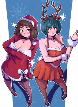 2girls absurdres alternate_costume animal_costume animal_ears blue_hair bob_cut breasts brown_eyes brown_hair cleavage commentary deer_ears dentedhood dress english_commentary fake_animal_ears hat highres kawakami_sadayo medium_breasts multiple_girls persona persona_5 reindeer_costume santa_costume santa_dress santa_hat short_hair takemi_tae