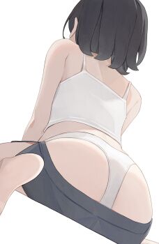 1girl ass black_hair black_shorts bra commentary from_behind highres hiroki_(yyqw7151) original panties short_hair shorts simple_background sitting soles solo toes underwear white_background white_bra white_panties