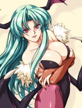 1girl arms_under_breasts bare_shoulders black_leotard breasts bridal_gauntlets capcom cleavage collarbone darkstalkers earrings green_hair head_wings highres jewelry large_breasts leotard lipstick long_hair looking_at_viewer makeup morrigan_aensland nail_polish pantyhose purple_pantyhose red_eyes sirknightbot solo strapless strapless_leotard wings
