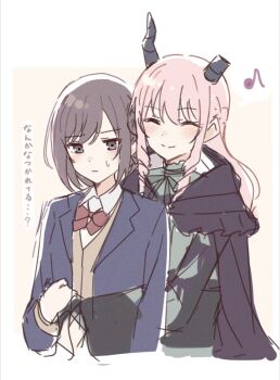 1girl 1other akiyama_mizuki blazer bob_cut boku_no_ashiato_kimi_no_yukusaki_(project_sekai) bow broken_horn brown_cardigan brown_eyes brown_hair cardigan cloak closed_eyes closed_mouth collared_shirt commentary hair_down horns hug hug_from_behind jacket kamiyama_high_school_uniform_(project_sekai) lapels long_hair mimi_5454_(mimi) musical_note notched_lapels official_alternate_costume official_alternate_hairstyle open_clothes open_jacket pink_hair project_sekai red_bow school_uniform shinonome_ena shirt short_hair sidelocks simple_background smile speech_bubble split_mouth spoken_musical_note translation_request upper_body