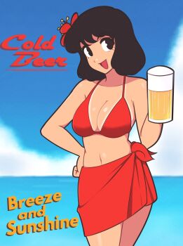 1girl absurdres beer_glass bikini bikini_tan black_eyes black_hair blue_sky cloud collarbone cup day drinking_glass flower hair_flower hair_ornament hand_on_own_hip highres holding holding_cup jeff_miga looking_at_viewer navel ocean open_mouth original outdoors red_bikini short_hair sky smile solo swimsuit tan tanline