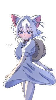 Rule 34 | 0222 mugi, 1girl, animal ear fluff, animal ears, bare arms, bare legs, bell, blue eyes, blush, cat ears, collar, commentary, cowboy shot, dress, hair between eyes, hat on back, highres, jingle bell, kimi no koto ga dai dai dai dai daisuki na 100-nin no kanojo, looking at viewer, neck bell, nekonari tama, puffy short sleeves, puffy sleeves, red collar, short hair, short sleeves, simple background, sketch, solo, white background, white dress, white hair