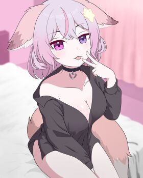 1girl animal_ears annytf bed black_choker black_shirt breasts choker commentary cowboy_shot english_commentary fox_ears fox_girl fox_tail from_above from_side hair_between_eyes hair_ornament heterochromia highres indie_virtual_youtuber indoors large_breasts long_hair long_sleeves looking_at_viewer multicolored_hair no_pants nokkopi pink_eyes pink_hair purple_eyes shirt sitting solo star_(symbol) star_hair_ornament streaked_hair tail tongue v virtual_youtuber white_hair