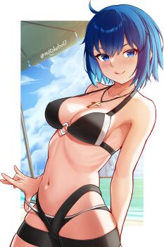 1girl ahoge bare_shoulders beach beach_umbrella bikini black_bikini blue_eyes blue_hair blue_sky blush breasts c.i.e.l_(fate) ciel_(tsukihime) cleavage collarbone cross cross_necklace fate/grand_order fate_(series) highres jewelry large_breasts licking_lips looking_at_viewer motokebo17 mysterious_executor_c.i.e.l_(fate) navel necklace shore short_hair sky smile solo swimsuit thighs tongue tongue_out tsukihime umbrella