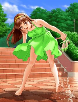1990s_(style) 1girl :d arms_at_sides bare_arms bare_legs bare_shoulders barefoot blue_sky blue_umbrella blurry blurry_foreground brick_stairs brown_eyes brown_hair bush character_request checkered_floor cloud commentary_request copyright_request dress full_body green_dress green_shoes hairband happy holding holding_shoes holding_umbrella holding_unworn_clothes leaning_forward legs_apart long_hair on_floor open_mouth outdoors retro_artstyle shadow shoes sidelocks sky sleeveless sleeveless_dress smile solo standing standing_on_one_leg strappy_heels teiku_(take) tree umbrella unworn_shoes water yellow_hairband