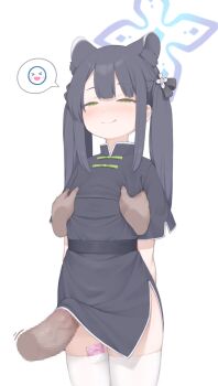 1boy 1girl absurdres animal_ears black_dress black_hair blue_archive blush breasts censored china_dress chinese_clothes condom condom_wrapper disembodied_hand disembodied_penis dress erection fondling grabbing_another&#039;s_breast green_eyes groping halo hetero highres loli long_hair looking_at_viewer mosaic_censoring peachyp penis shun_(blue_archive) shun_(small)_(blue_archive) side_slit sidelocks simple_background small_breasts smile solo_focus thighhighs thighs tiger_ears two_side_up white_thighhighs