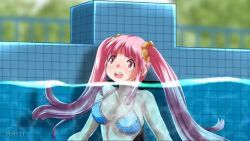1girl air_bubble animated asphyxiation breasts bubble chair character_request cleavage copyright_request drowning foxeye large_breasts long_hair navel open_mouth partially_submerged pink_eyes pink_hair pool poolside sound submerged tagme twintails underwater video water