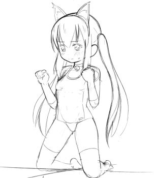 1girl animal_ears breasts cat_ears clenched_hands closed_mouth collar covered_navel gloves greyscale hairband k-on! loli long_hair looking_at_viewer madmex monochrome nakano_azusa neck_bell one-piece_swimsuit sketch small_breasts solo sweatdrop swimsuit thighhighs thighs twintails very_long_hair