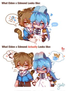 ! !! >_< +++ 2boys :3 @_@ animal_ears aroused belt black_gloves blue_eyes blue_gem blue_hair blue_jacket blush brown_belt brown_eyes brown_hair brown_pants bulge buttons chibi chibi_only clueless collared_jacket collared_shirt commentary comparison covered_navel cropped_legs crystal_necklace double-breasted edmond_(nu_carnival) eiden_(nu_carnival) english_commentary english_text epaulettes expectation_vs._reality flying_sweatdrops gem gloves gomagomanu grabbing_another's_ass groping hair_between_eyes hand_on_another's_arm hand_on_another's_hand heart highres holding_hands imagining interlocked_mars_symbols jacket kemonomimi_mode leopard leopard_boy leopard_ears leopard_tail looking_at_another looking_down low_ponytail male_focus mars_symbol mating_(animal) military_jacket military_uniform motion_lines multiple_boys musical_note nervous_sweating nose_blush nu_carnival one_eye_closed open_mouth pants parted_lips penis_grab pervert ponytail pursed_lips rabbit rabbit_boy rabbit_ears see-through_clothes see-through_pants shirt signature simple_background speech_bubble spoken_blush spoken_mars_symbol squiggle sweat tail thought_bubble three-quarter_sleeves v-shaped_eyebrows watch white_background white_jacket white_pants white_shirt wristwatch yaoi