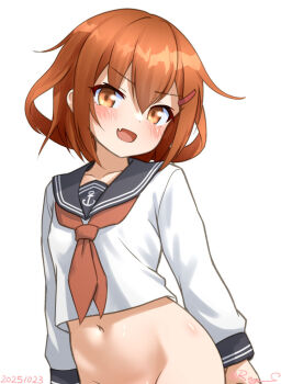1girl :d anchor_symbol black_sailor_collar blush bottomless brown_eyes brown_hair commentary_request fang hair_ornament hairclip ikazuchi_(kancolle) kantai_collection long_sleeves looking_at_viewer navel neckerchief open_mouth out-of-frame_censoring ray.s red_neckerchief sailor_collar school_uniform serafuku short_hair signature simple_background skin_fang smile white_background