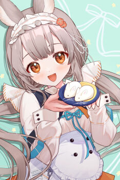 1girl animal-themed_food animal_ears apron arknights commentary green_background grey_hair head_tilt holding holding_plate long_hair long_sleeves looking_at_viewer open_mouth orange_eyes orange_shirt plate rabbit_ears ribbon shadow shirt simple_background smile solo tokifuji_kougetsu twintails upper_body warmy_(arknights) white_apron white_headdress