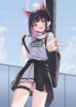 1girl :d absurdres animal_ears black_hair black_jacket blue_archive blue_sky cat_ears clothes_around_waist clothes_writing cloud comiket_107 commentary_request day ear_piercing earrings hair_ornament hairclip halo hand_up highres instrument_case instrument_on_back jacket jacket_around_waist jewelry kazusa_(band)_(blue_archive) kazusa_(blue_archive) long_sleeves looking_at_viewer multicolored_hair nail_polish open_mouth outdoors outstretched_arm piercing pink_hair pink_nails pleated_skirt puffy_long_sleeves puffy_sleeves rama_(yu-light8) red_eyes ring ring_of_light_(blue_archive) shirt short_hair short_sleeves skirt sky smile solo stud_earrings two-tone_hair v white_shirt white_skirt