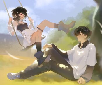 1boy 1girl andrew_graves ashley_graves ashleygrav84480 black_corset black_hair black_pants brother_and_sister corset dress green_eyes highres looking_at_another on_swing pants pink_eyes shirt siblings sitting swing the_coffin_of_andy_and_leyley tree under_tree white_dress white_shirt