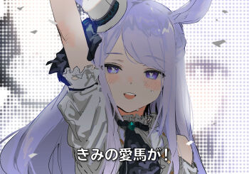 1girl absurdres animal_ears arm_up bad_id bad_twitter_id blush confetti hat highres horse_ears horse_girl idol inactive_account long_hair looking_at_viewer lyrics mejiro_mcqueen_(end_of_the_skies)_(umamusume) mejiro_mcqueen_(umamusume) mini_hat official_alternate_costume open_mouth outstretched_arm purple_eyes purple_hair smile solo stage suiso_(owp) sweat tilted_headwear translation_request umamusume upper_body