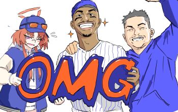 2boys akuru_(suruasomsies) artist_self-insert bandaid bandaid_on_face bandaid_on_nose baseball_cap baseball_jersey blue_archive blue_hat blue_jacket blue_sweater crossover dark-skinned_male dark_skin eyewear_on_head francisco_lindor grin halo hat highres hood hooded_sweater jacket jersey letterman_jacket multiple_boys new_york_mets one_eye_closed orange_eyes orange_hair orange_halo real_life rei_(blue_archive) shirt short_hair smile striped_clothes striped_shirt sunglasses sweater