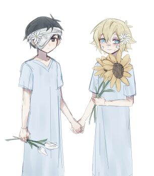 Rule 34 | antenna hair, bandaged head, bandages, bandaid, bandaid on cheek, bandaid on face, bandaid on nose, basil (faraway) (omori), basil (hospital gown) (omori), basil (omori), black eyes, black hair, blonde hair, blue eyes, bright pupils, bruise, bruised eye, closed mouth, double-parted bangs, eyepatch, flower, hair between eyes, hair flower, hair ornament, highres, holding, holding flower, holding hands, hospital gown, injury, looking at viewer, medical eyepatch, omori, oreelurn, short hair, short sleeves, sidelocks, simple background, smile, spoilers, sunflower, sunny (hospital gown) (omori), sunny (omori), tulip, white background, white flower, white pupils, white tulip, yaoi