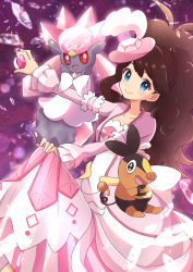 1girl antenna_hair blue_eyes blurry blush brown_hair closed_mouth collarbone commentary_request crystal diancie dress eyelashes gen_5_pokemon gen_6_pokemon haru_(haruxxe) hat high_ponytail highres hilda_(pokemon) hilda_(special_costume)_(pokemon) holding holding_poke_ball legendary_pokemon long_sleeves love_ball luxury_ball mythical_pokemon nintendo official_alternate_costume pink_headwear poke_ball pokemon pokemon_(creature) pokemon_masters_ex ponytail sidelocks smile tepig