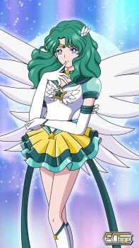 1girl adult_swim angel_wings bishoujo_senshi_sailor_moon bishoujo_senshi_sailor_moon_s bishoujo_senshi_sailor_moon_s:_the_movie bishoujo_senshi_sailor_moon_s_the_movie:_kaguya-hime_no_koibito bishoujo_senshi_sailor_moon_supers bishoujo_senshi_sailor_moon_supers:_the_movie bishoujo_senshi_sailor_moon_supers_the_movie:_sailor_9_senshi_shuuketsu!_black_dream_hole_no_kiseki e.choe_(artist) eternal_sailor_neptune green_eyes green_hair highres kaiou_michiru sailor_neptune sailor_senshi_uniform solo super_sailor_neptune super_sailor_neptune_(stars) toei_company toonami wings