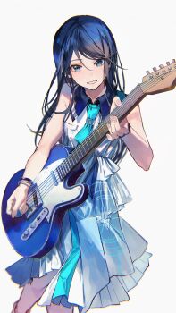 1girl absurdres aqua_necktie bare_arms black_hair blue_eyes bracelet breast_pocket breasts collared_dress commentary_request dress electric_guitar feet_out_of_frame fender_telecaster grey_background guitar hair_between_eyes hand_up highres holding holding_guitar holding_instrument holding_plectrum hoshino_ichika_(project_sekai) instrument jewelry karanagare long_hair looking_at_viewer multiple_bracelets music necktie official_alternate_costume playing_guitar playing_instrument pleated_dress plectrum pocket project_sekai sidelocks simple_background sleeveless sleeveless_dress small_breasts smile solo standing stick_to_your_faith_(project_sekai) swept_bangs teeth white_dress
