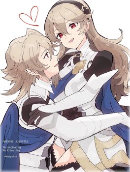 1boy 1girl armor artist_name breasts brown_hair commentary commentary_request female_corrin_(fire_emblem) fire_emblem fire_emblem_fates heart hetero highres hug kiriya_(552260) long_hair looking_at_another male_corrin_(fire_emblem) medium_breasts nintendo pointy_ears red_eyes selfcest smile thighs twitter_username watermark white_background