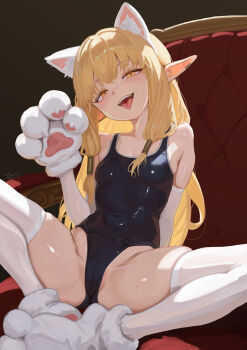 1girl absurdres animal_ear_hairband animal_ears animal_hands blonde_hair blue_one-piece_swimsuit cameltoe covered_navel earclip elf fake_animal_ears gloves hairband highres loli long_hair low-tied_sidelocks one-piece_swimsuit paw_gloves paw_shoes pointy_ears school_swimsuit serie_(sousou_no_frieren) shiny_clothes shiny_skin sidelocks sitting_on_throne skindentation smile solo sousou_no_frieren spread_legs sweat swimsuit thighhighs thighs throne tongue tongue_out white_thighhighs yamami_sui yellow_eyes