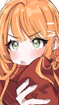 1girl :< blush commentary_request fingernails gakuen_idolmaster green_eyes highres idolmaster kasasagi_(futagodori888) long_hair looking_ahead mole mole_under_eye orange_hair red_scarf scarf shiun_sumika solo v-shaped_eyebrows