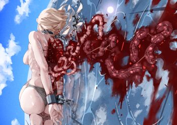 1girl ass black_panties blonde_hair blood bound breasts chain commentary_request cuffs death execution guro highres huyunokure intestines large_breasts original panties restrained solo underwear