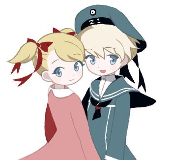 Rule 34 | 2girls, ana (mother), black neckerchief, blonde hair, blue eyes, commentary request, crossover, dress, hat, holding hands, kantai collection, long sleeves, mother (series), mother 1, multiple girls, neckerchief, nintendo, open mouth, pink dress, red ribbon, ribbon, sailor collar, sailor hat, short hair, simple background, tanba (tanba-art), white background, z1 leberecht maass (kancolle)