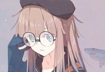 1girl beret black_hat black_sailor_collar blue_hair blue_shirt brown_hair fate/grand_order fate_(series) glasses gradient_hair green_eyes hat long_hair long_sleeves looking_at_viewer multicolored_hair nemo_(fate) parted_lips professor_nemo_(fate) round_eyewear sailor_collar saipaco shark shirt sidelocks sleeves_past_fingers sleeves_past_wrists solo two-tone_hair