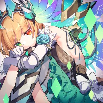 Rule 34 | 1girl, asymmetrical legwear, backless outfit, blonde hair, blue flower, blue rose, bow, cable, curled up, elbow gloves, fetal position, flower, frilled skirt, frills, gloves, green eyes, headpiece, heterochromia, highres, hugging own legs, kuuron (moesann17), mechanical wings, puzzle &amp; dragons, red eyes, rose, short hair, skirt, solo, spica (p&amp;d), white bow, wings