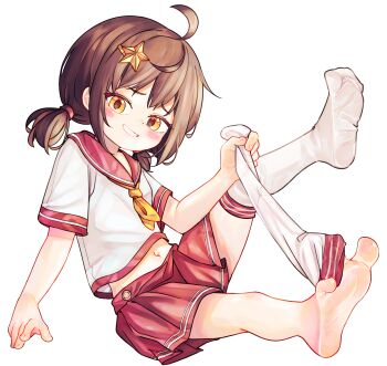 1girl barefoot breasts brown_hair chaosexceed cropped_shirt full_body grin hair_ornament highres looking_at_viewer medium_hair midriff miniskirt navel neckerchief no_shoes orange_eyes original parted_lips pleated_skirt red_sailor_collar red_skirt sailor_collar sailor_shirt school_uniform serafuku shirt short_sleeves simple_background sitting skirt small_breasts smile soles solo star_(symbol) star_hair_ornament teeth thighhighs toes twintails white_background white_shirt white_thighhighs yellow_neckerchief