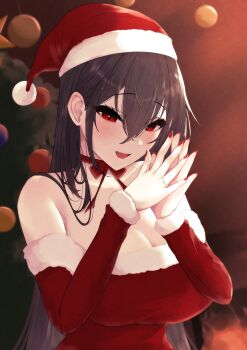 1girl absurdres azur_lane black_hair blush breasts christmas christmas_tree cleavage crossed_bangs hands_up hat highres large_breasts long_hair looking_at_viewer nonokuro_no96 open_mouth red_eyes red_nails santa_costume santa_hat smile solo taihou_(azur_lane) upper_body
